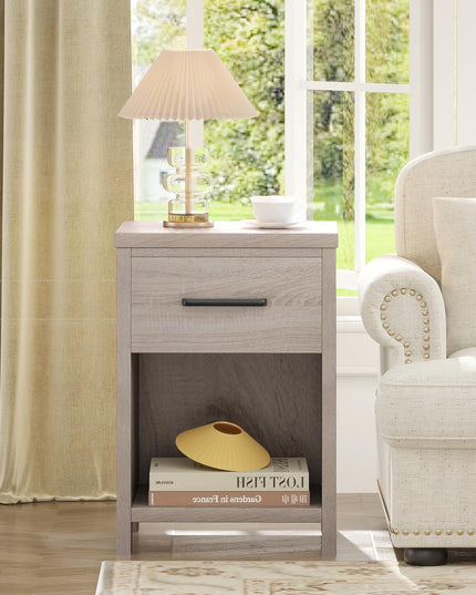 Giantex Farmhouse Wooden Bedside Table with Storage Drawer & Open Shelf