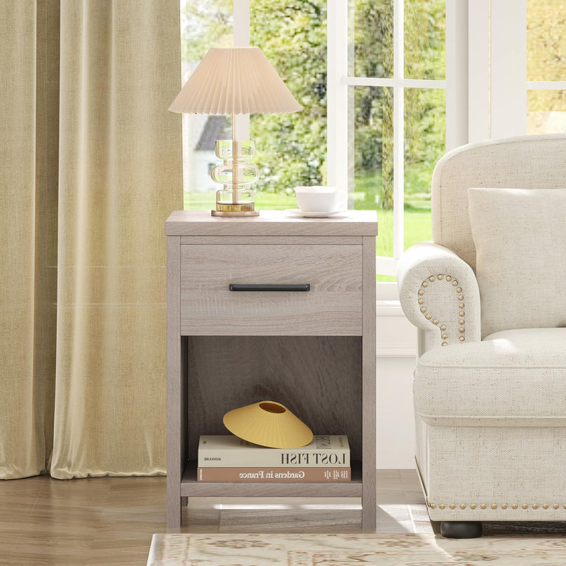 Giantex Farmhouse Wooden Bedside Table with Storage Drawer & Open Shelf