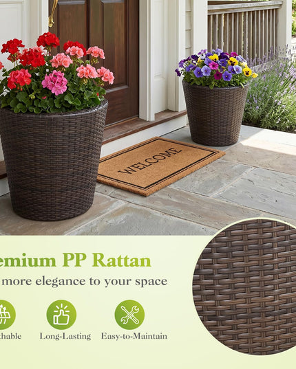 Giantex 15 Inch & 11.5 Inch Taper Rattan Planters with Drainage Holes and Saucers