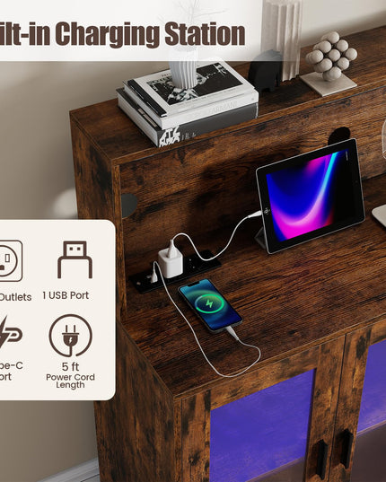 GIANTEX Wine Bar Cabinet with LED Lights & Charging Station