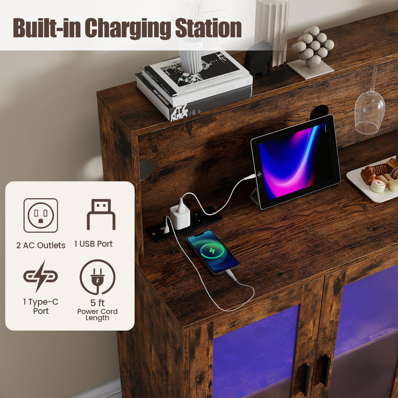 GIANTEX Wine Bar Cabinet with LED Lights & Charging Station