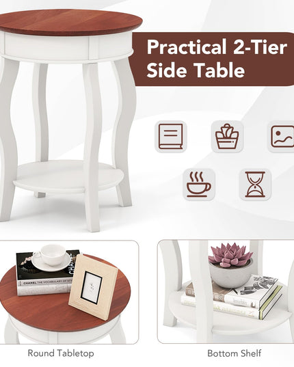 Giantex Farmhouse Round End Table, 2-Tier Sofa Side Table with Storage Shelf, Small Wooden Tea Table with Solid Rubber Wood Legs