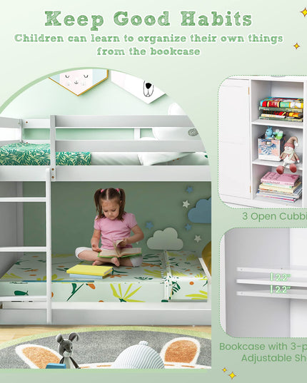 Giantex Twin Over Twin Bunk Bed with Storage Shelves, Solid Wood Bunk Bed Frame with Convertible Bookcase & Ladder, White