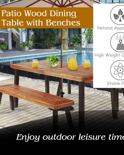 Patio Dining Table Set with 2 Benches, Outdoor Picnic Table Set with Umbrella Hole