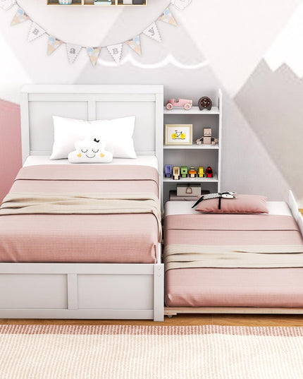 Giantex Full Bed Frame with Twin Trundle, Wooden Bed Wooden Bed Frame with 2 Rolling Bookcases & High Headboard
