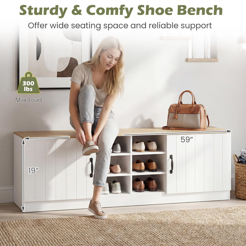 Banc de rangement pour chaussures à 2 portes Giantex, banc d'entrée en bois
