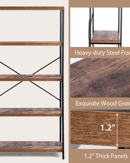 Giantex Industrial 5-Tier Wood Bookshelf - 63’’ Tall Open Storage Organizer Shelves with Anti-Tipping Device and Foot Pads