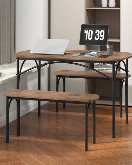 Giantex Dining Table Set for 4, Modern Oval Kitchen Table Set with 2 Benches, Metal Frame