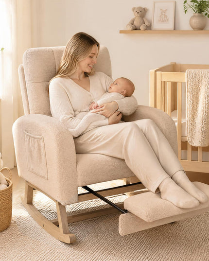 GIANTEX Nursery Rocking Chair | Teddy Upholstered Glider Chair with Footrest