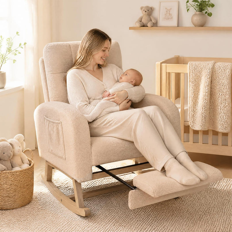 GIANTEX Nursery Rocking Chair | Teddy Upholstered Glider Chair with Footrest