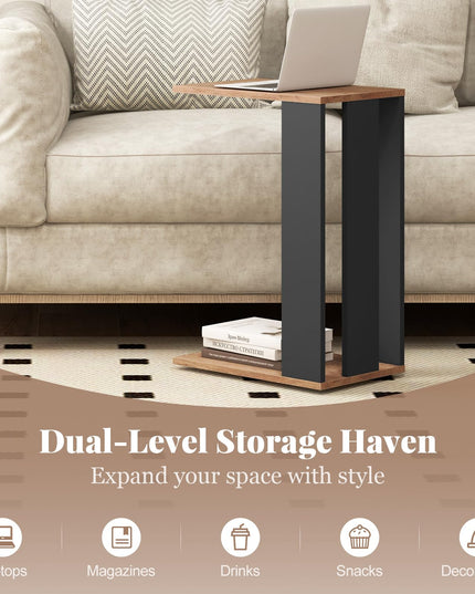 Giantex C Shaped End Table, 2-Tier Sofa Side Table with Universal Wheels & Storage Shelf