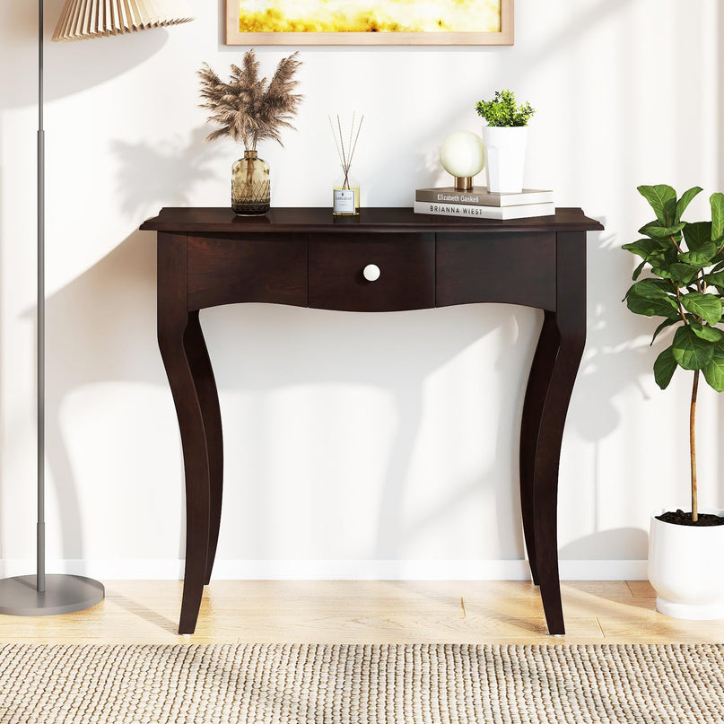 Giantex Chic Accent Entryway Table with Storage Drawers and Solid Rubber Wood Legs