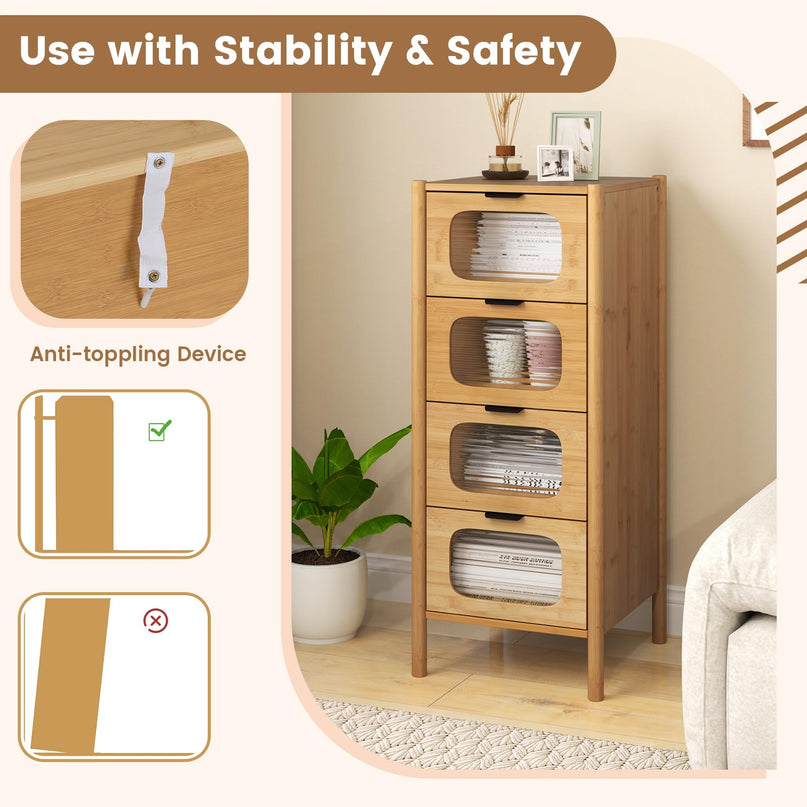 Giantex 4 Drawer Storage Cabinet with Fluted Tempered Glass Drawers