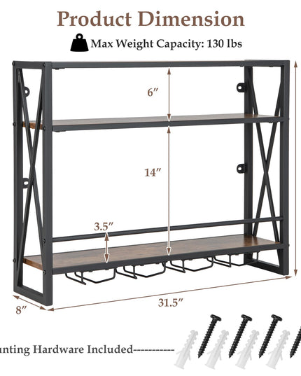 Giantex Industrial Wall-Mounted Wine Rack, 3 Tiers Metal Hanging Wine Shelf with Glass Holder