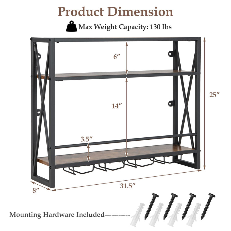 Giantex Industrial Wall-Mounted Wine Rack, 3 Tiers Metal Hanging Wine Shelf with Glass Holder