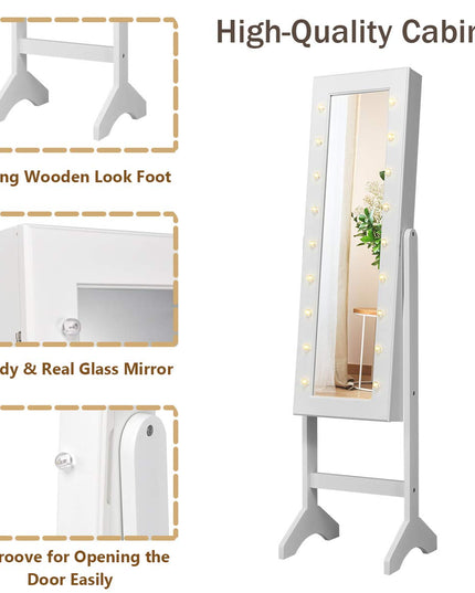 Standing Jewelry Armoire with 18 LED Lights Around the Door