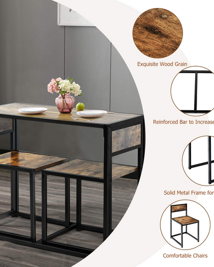 3 Piece Dining Set, Industrial Dining Table with 2 Chairs