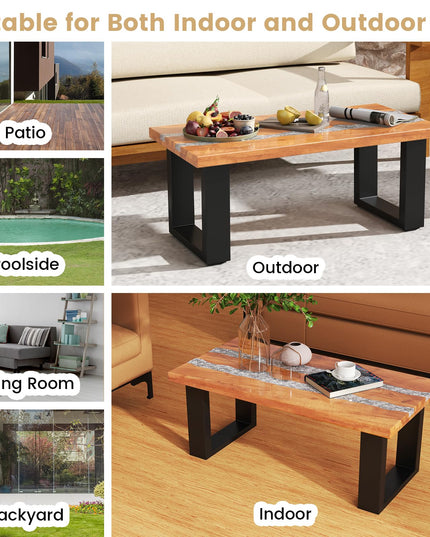 Giantex Teak Outdoor Coffee Table, Rectangular Resin Side Table with River Feel Epoxy Tabletop