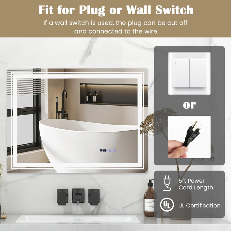 LED Bathroom Mirror, Lighted Beveled Edge Vanity Mirror Wall Mounted
