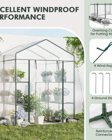 Giantex Walk-in Greenhouse w/ 3 Tiers 4 Shelves, 4 Ground Stakes & Ropes, PVC Cover