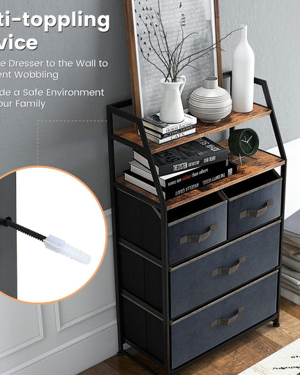 Giantex 4-Drawer Storage Dresser for Bedroom - Tall Storage Tower Unit with 2-Tier Shelf & Fabric Bins
