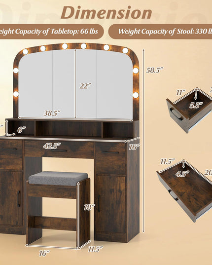Large Vanity Desk with Arched Mirror and Lights for Bedroom