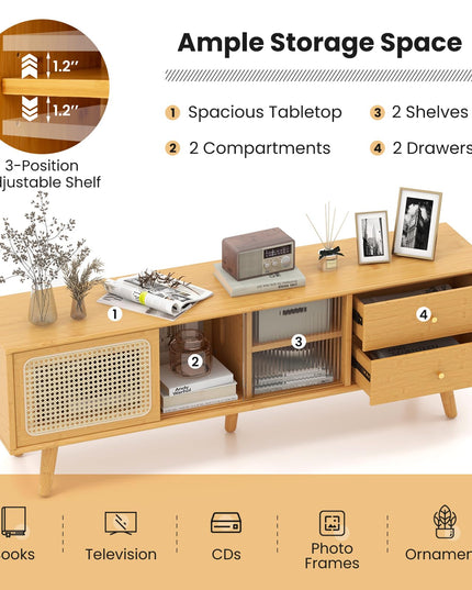 Giantex Bamboo TV Stand for 55 60 65 Inch TV, PE Rattan Entertainment Center with Sliding Doors