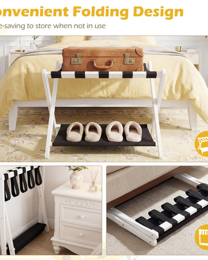 Giantex Folding Luggage Rack | Solid Rubber Wood Suitcase Stand with Storage Shelves (1/2)