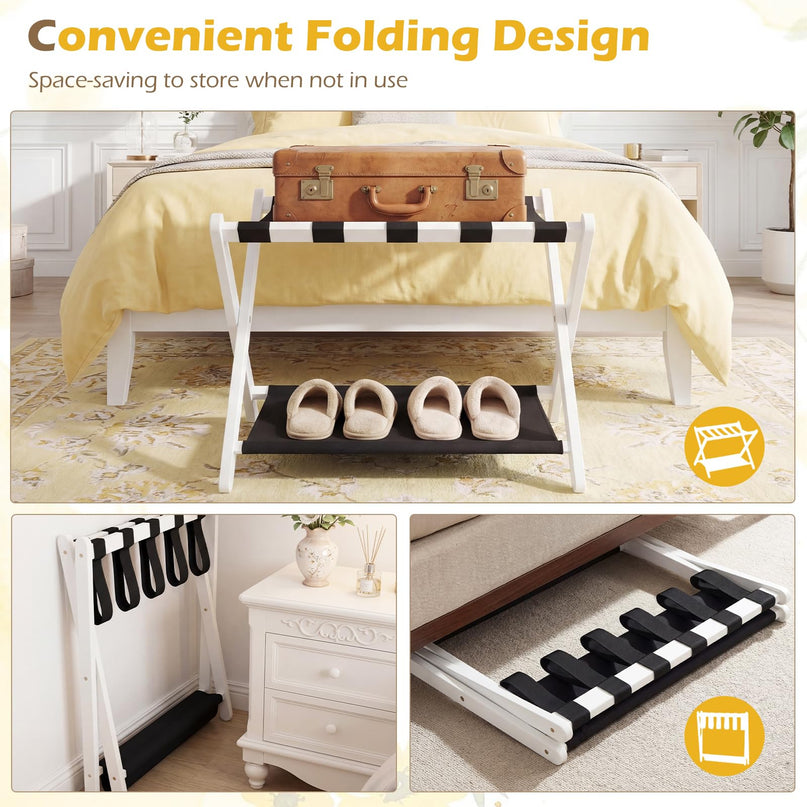 Giantex Folding Luggage Rack | Solid Rubber Wood Suitcase Stand with Storage Shelves (1/2)