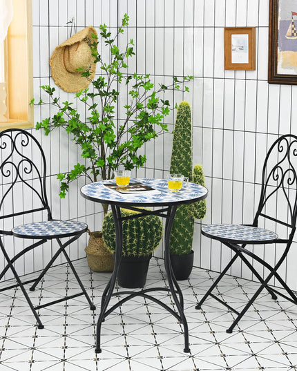 Giantex 2 Pieces Folding Bistro Chairs, Mosaic Patio Chairs with Ceramic Tiles Seat and Exquisite Floral Pattern