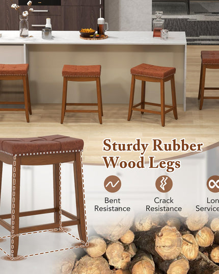 Giantex Bar Stools Set, 25" Counter Height Bar Stools w/Saddle Seat, Footrest, Rivet, Button Tufted, Rubber Wood Frame