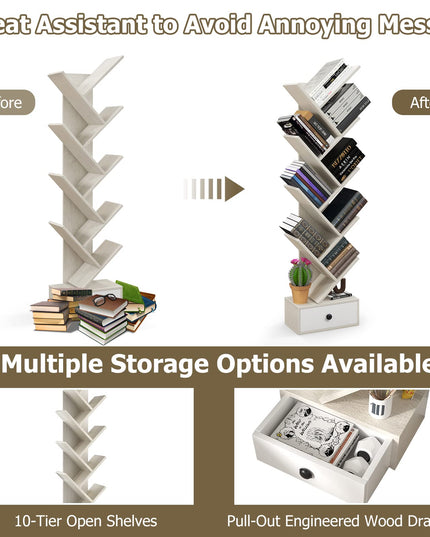 10-Tier Tree Bookshelf with Drawer, Beige - Giantex