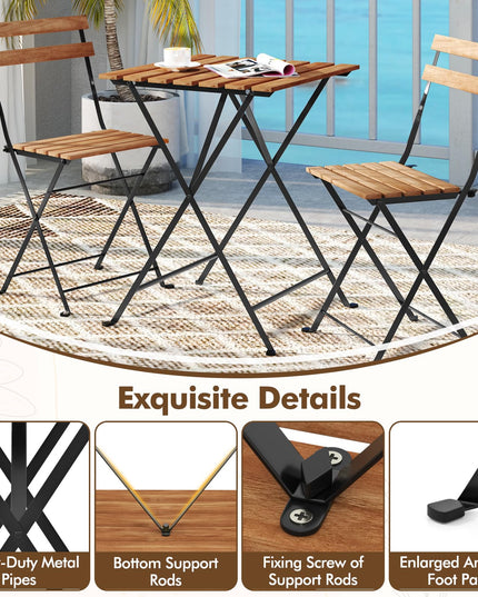 Giantex 3-Piece Acacia Wood Bistro Set with 2 Folding Chairs, Slatted Seat & Tabletop