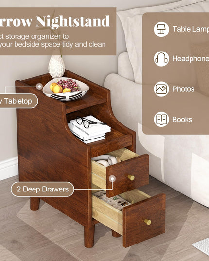 Giantex Narrow Nightstand with 2 Drawers & Pull-Out Tray for Small Spaces