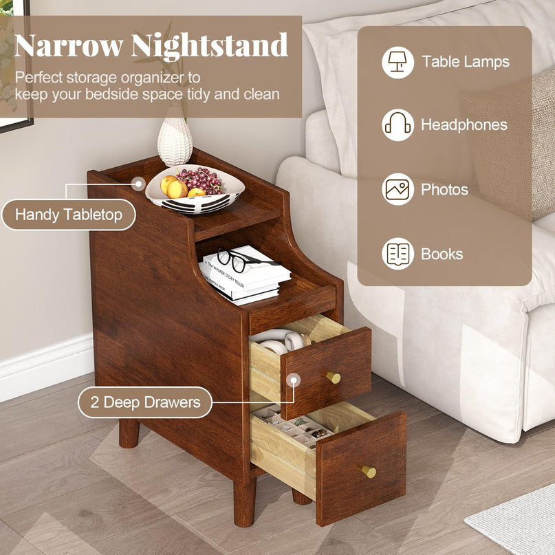 Giantex Narrow Nightstand with 2 Drawers & Pull-Out Tray for Small Spaces