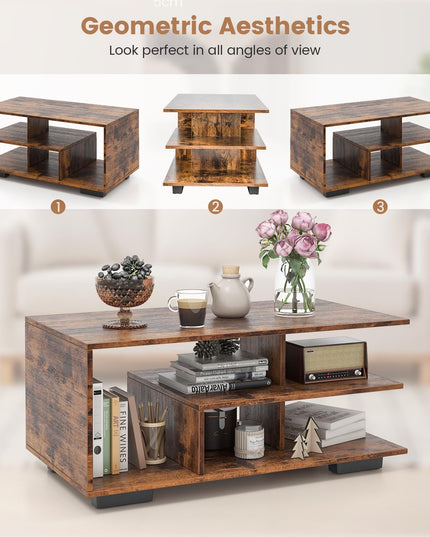 Giantex Coffee Table with Storage, Modern Rectangular Accent Table with L-shaped Middle Shelf