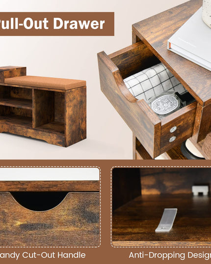 Giantex Industrial Shoe Storage Bench - Entryway Shoe Bench with Removable Cushion, Storage Drawer, Rustic Brow