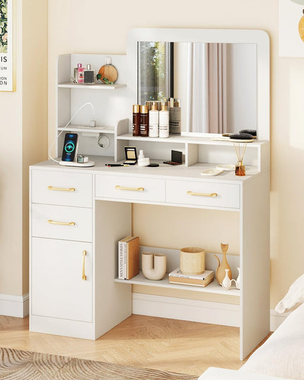 CHARMAID White Makeup Vanity Desk with Mirror & Charging Station