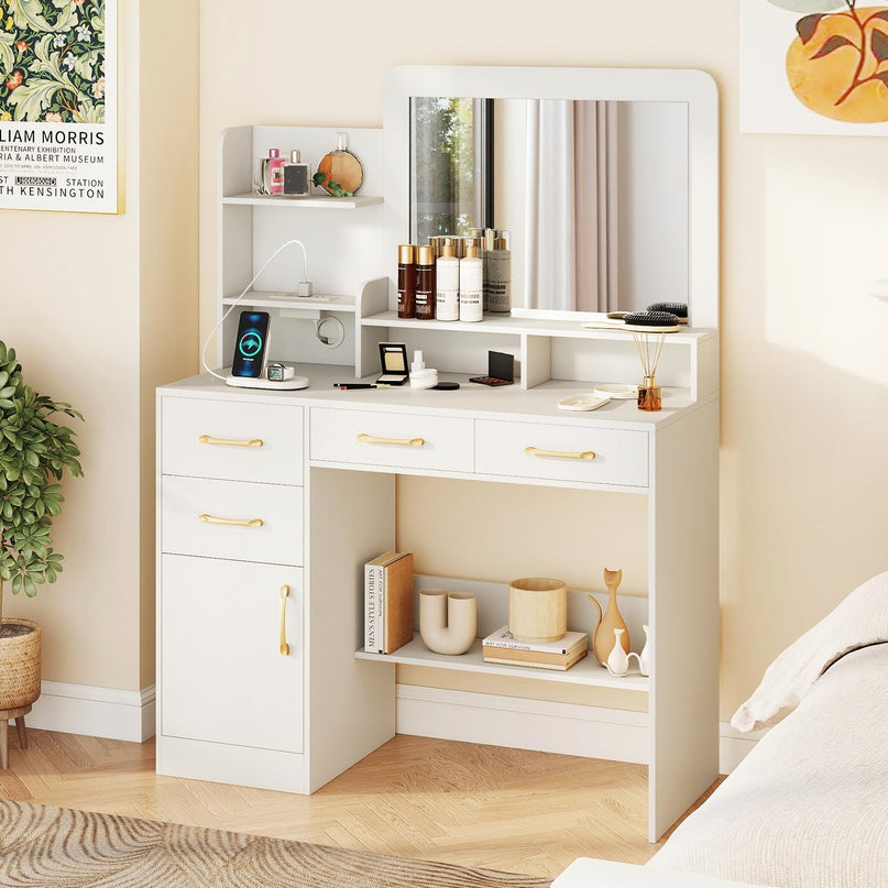 CHARMAID White Makeup Vanity Desk with Mirror & Charging Station