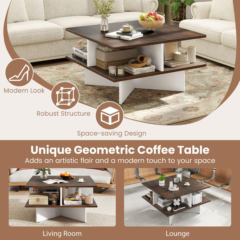 Giantex Square Coffee Table with 4 Storage Compartments & Cross Shape Base