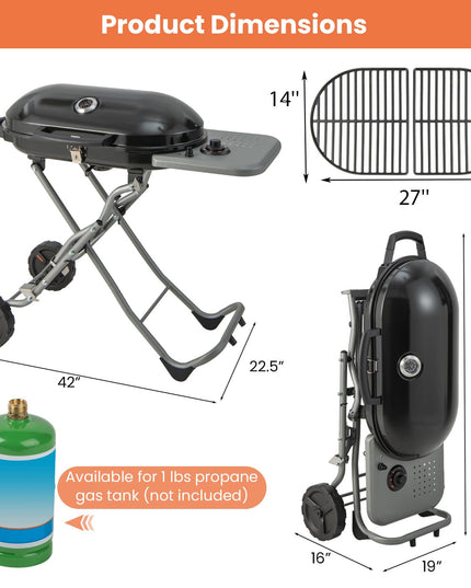 Giantex Gas Grill, Portable Propane Grill with 15,000 BTUs Burner, Side Table, 2 Wheels, Grease Tray