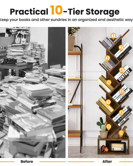 Giantex Tree Bookshelf with Drawer, 10 Shelf Space Saving