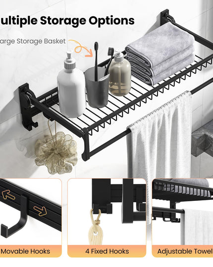 Giantex Foldable Towel Rack for Bathroom, Wall Mounted Towel Holder Organizer w/ 1 Basket, 1 Towel Bar & 5 Sliding Hooks