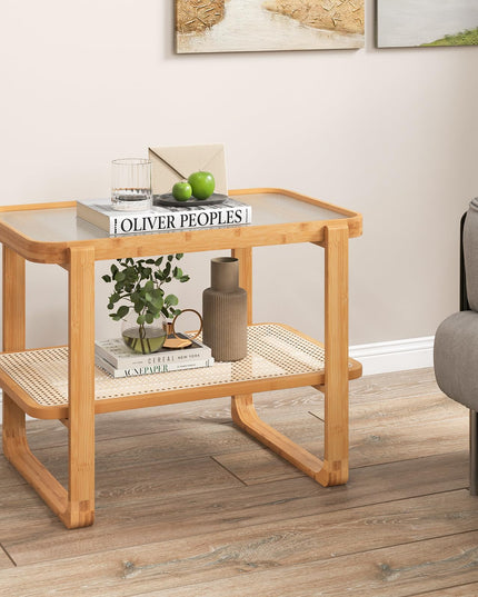 Giantex Rattan Side Table, Boho End Table with Glass Top and 2-Tier Storage Shelves