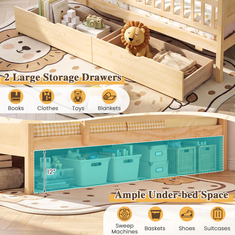 GIANTEX Full/Twin  Size Bed Frame with 2 Storage Drawer & Guardrails for Kids