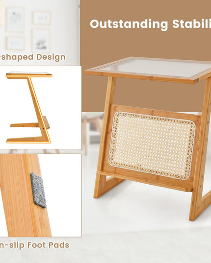Giantex Rattan Side Table, Boho End Table with Glass Top & Magazine Rack, Z-Shaped Nightstand with Storage