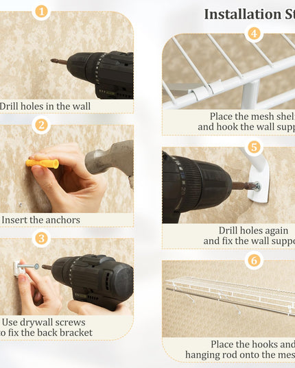 Étagère de placard Giantex avec tringle à vêtements 4/6 pi Kit de rayonnages en fil métallique à fixation murale
