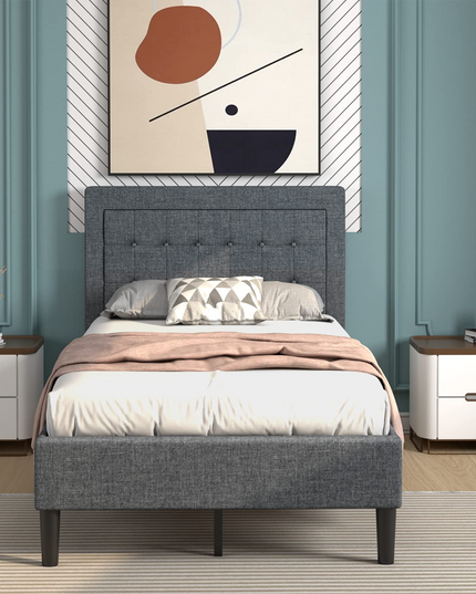 Modern Platform Bed w/Button Tufted Headboard | Upholstered Bed Frame