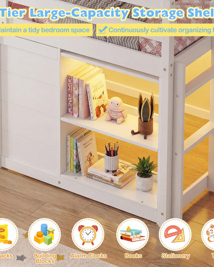Giantex Loft Bed Twin Size with LED Lights with Under-Bed Play Space & Storage Bookcase
