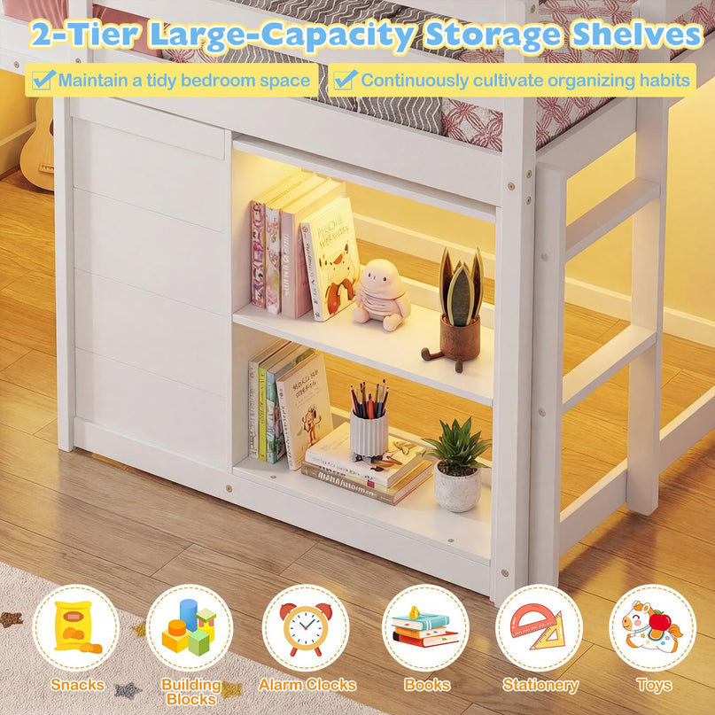Giantex Loft Bed Twin Size with LED Lights with Under-Bed Play Space & Storage Bookcase
